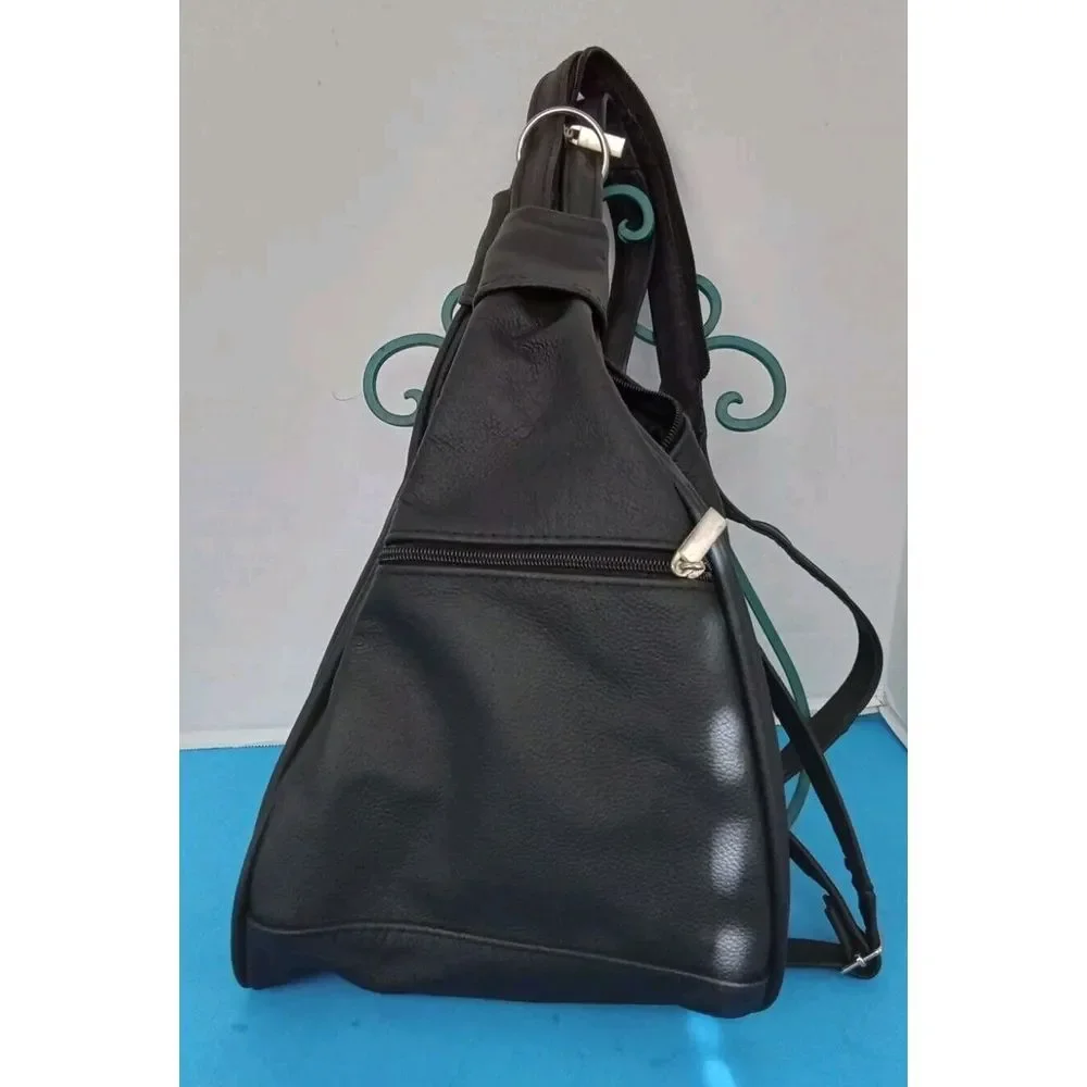 Sleek Black Leather Sling Backpack Convertible‎ Crossbody Multiple Compartments
